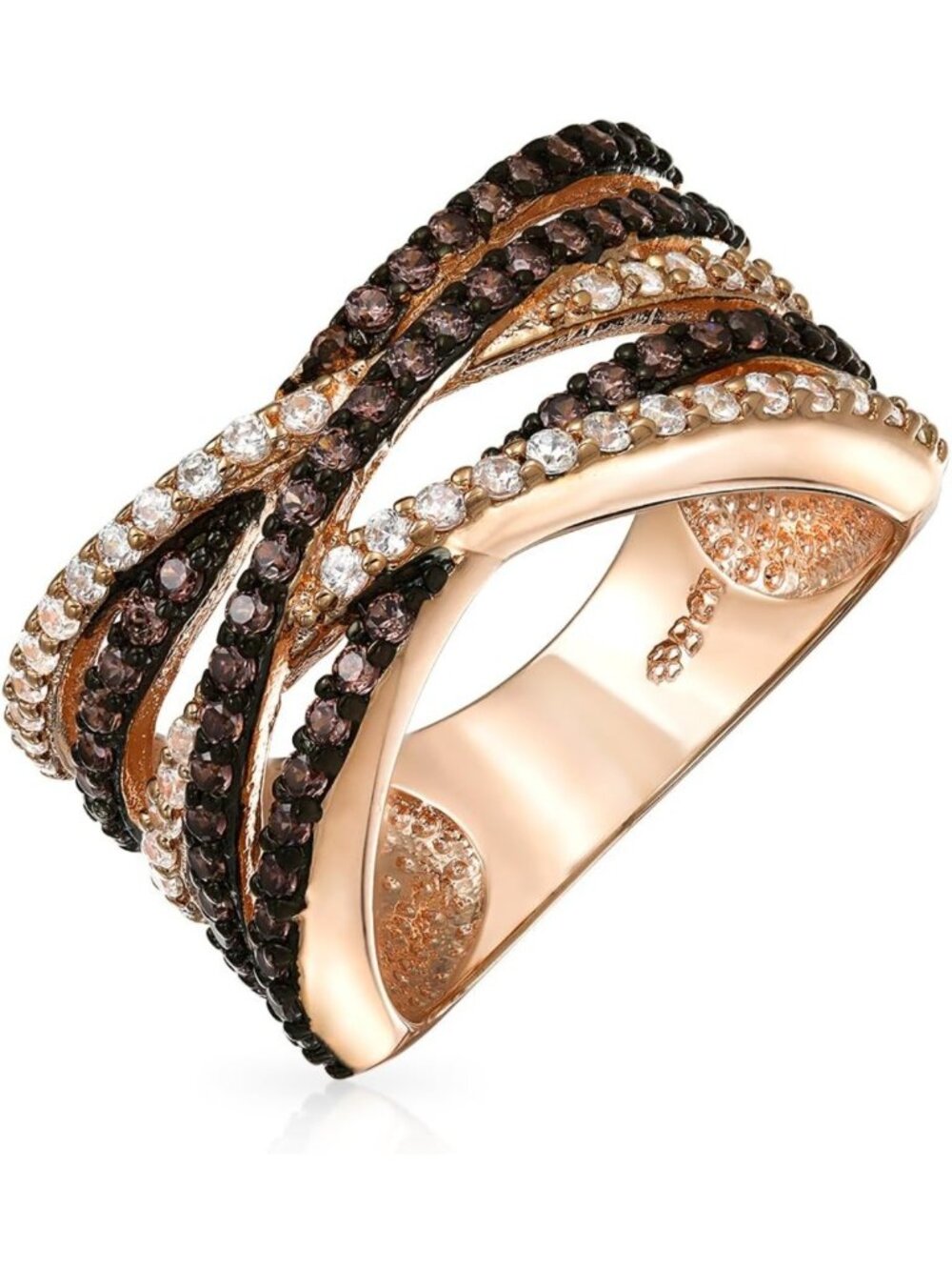 Chic 2-Tone Brown & Black Pave CZ Crossover Cocktail Ring - Rose Silver Plated